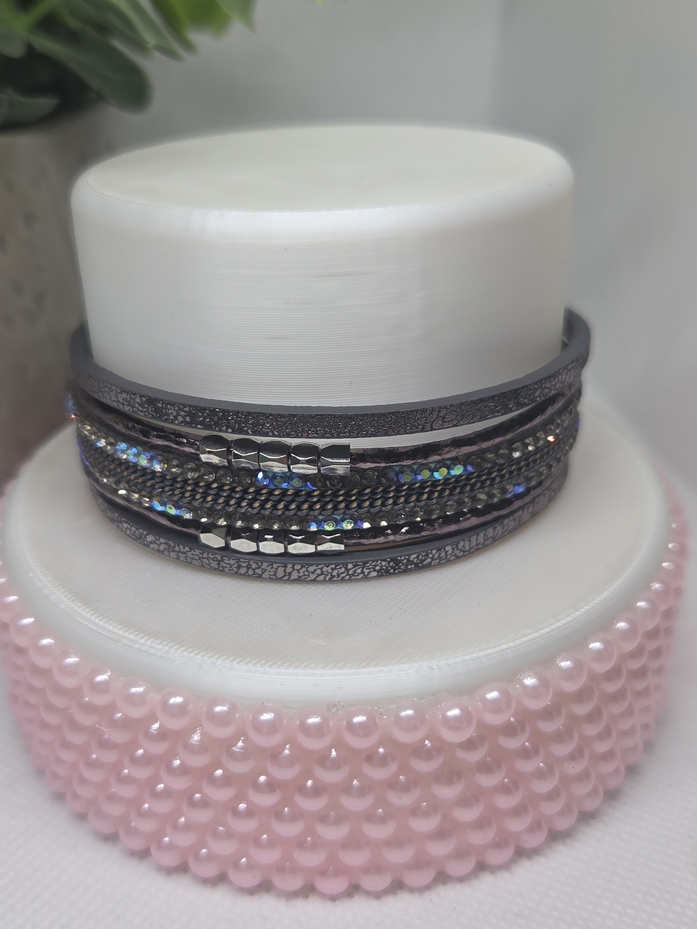 Multi-Row Leather Crystal Accent Wrap Bracelet With Magnetic Clasp